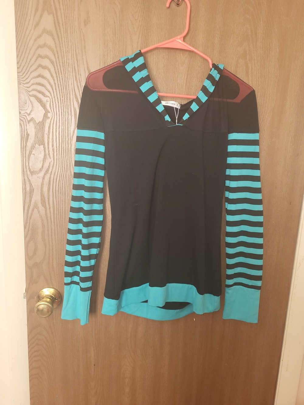 Striped Sleeve V-Neck Women's Top in Black and Teal